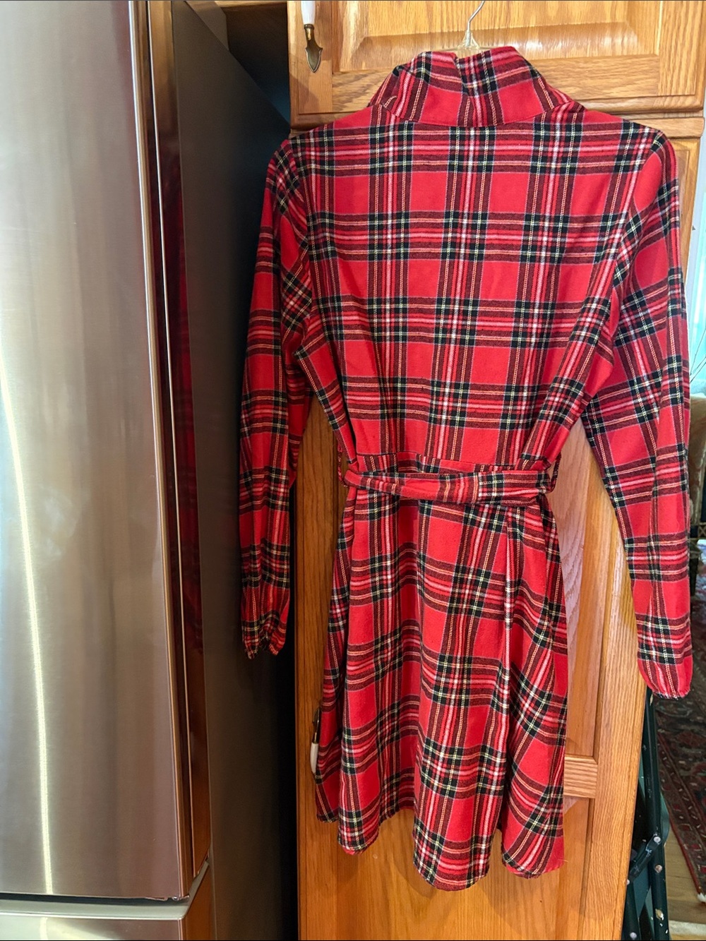 Red Plaid Flannel Long-Sleeve Shirt Dress with Waist Tie - Picture 2 of 2